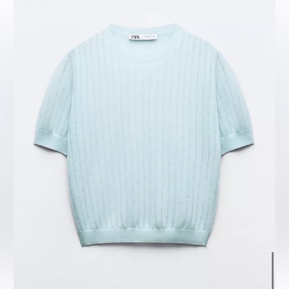 Zara Pointelle Fine Knit Top in Baby Blue